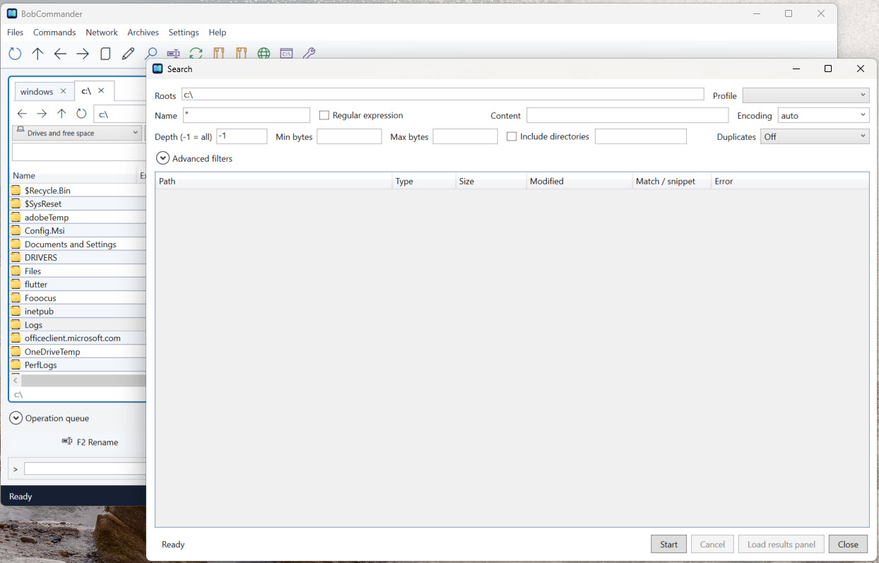 The BobCommander Search window ready for a new search, with root, name, content, size, and advanced filter controls.
